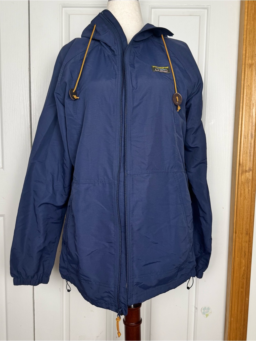 L.L. Bean Navy Hooded Windbreaker with Gold Drawcords